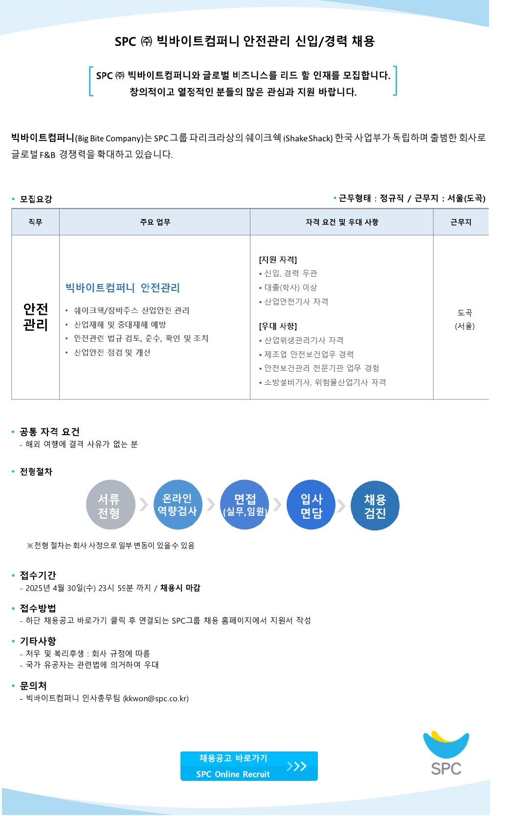 [(주)빅바이트컴퍼니] SPC (주) 빅바이트컴퍼니(쉐이크쉑) 안전관리 신입/경력채용 - 사람인